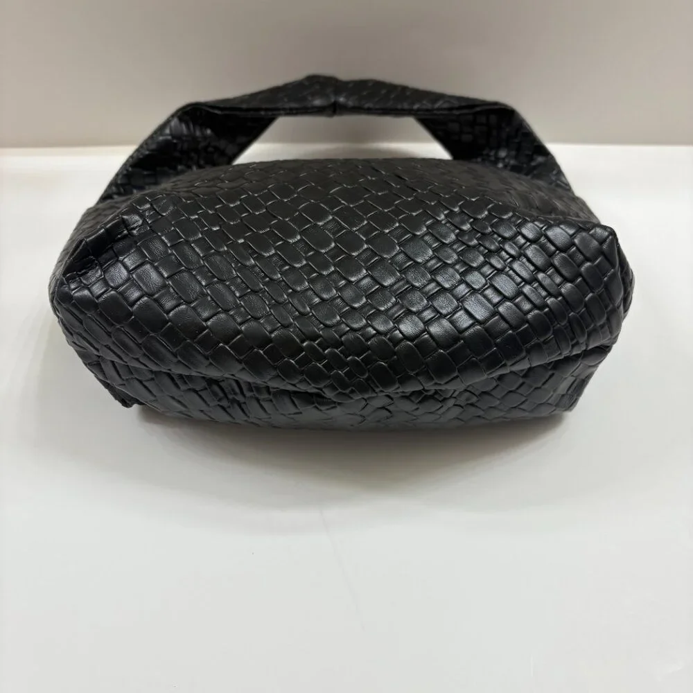 Embossed Woven Slouchy Mini Hobo Bag Faux Leather- Black- NWT